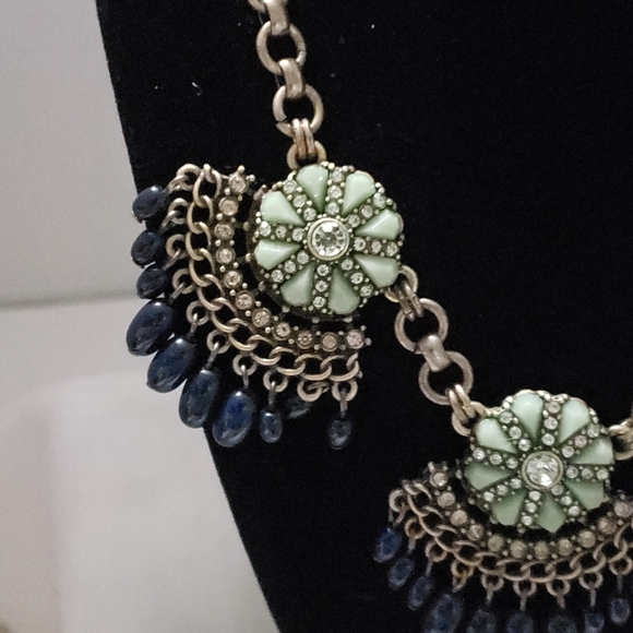 Beautiful Faux Turquoise,Navy Blue Beads, Clear Rhinestones  Bib Chunky Necklace - Picture 3 of 8